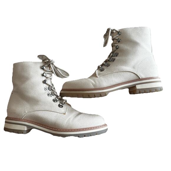 Oasis Society Combat Boots Bone Canvas Size 8 Preowned Zipper Side LaceUP grunge - Picture 2 of 11